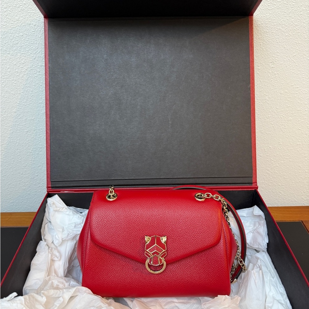 Cartier Bag: Mini Sac Chaîne Panthère in red calfskin with gold finish clasp